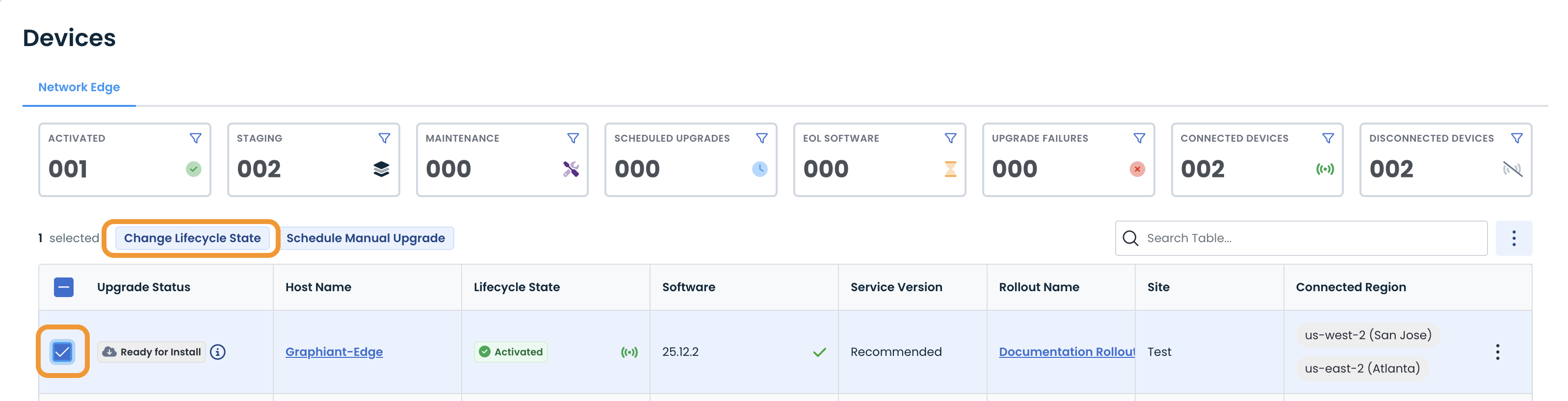 Device management interface showing lifecycle state and upgrade status options.
